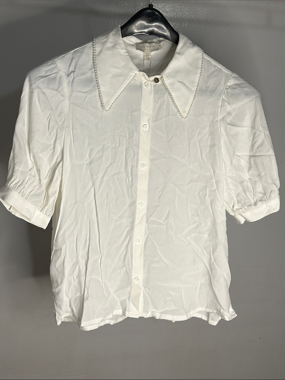 Ted Baker White Short-Sleeve Button-Up Shirt with Beaded Collar